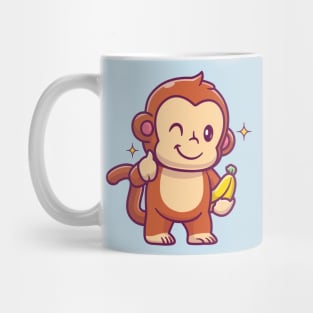 Cute Monkey Holding Banana With Thumb Up Cartoon Mug